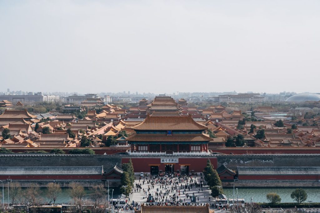 Aerial shot of the historic Forbidden City in Beijing showcasing its traditional architecture.